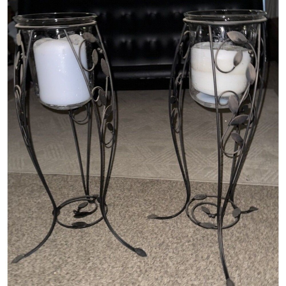 Set of 2, 31” PartyLite Metal “Verona” Candle stands with glass hurricanes